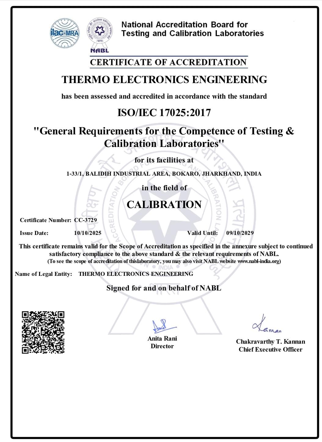 NABL Certificate of Accreditation - Thermo Electronics Engineering